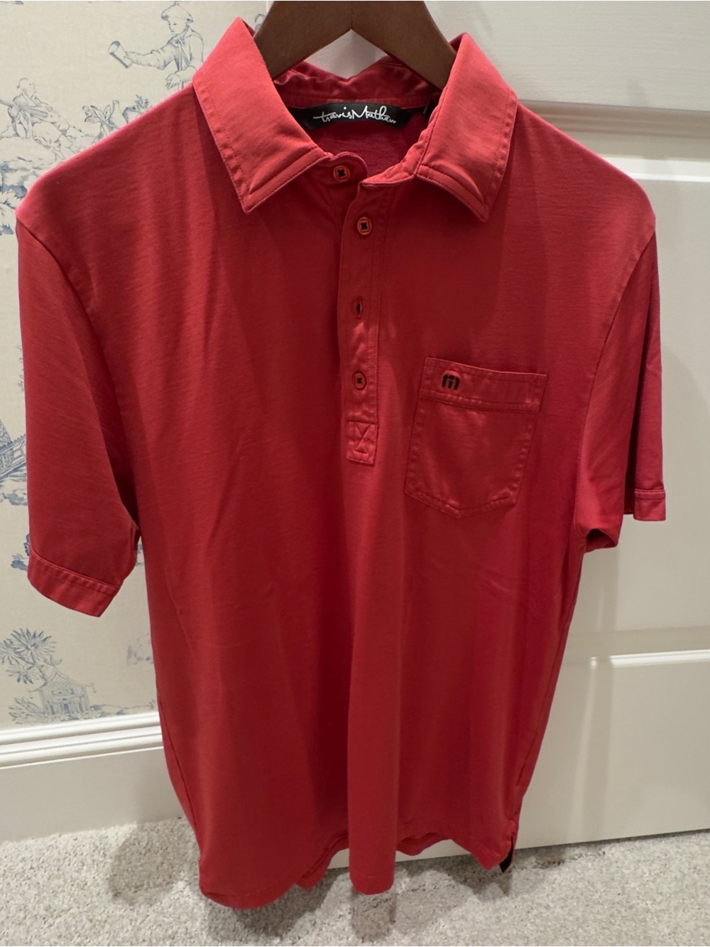 Travis Mathew Men's Coral-Red Polo with Chest Pocket